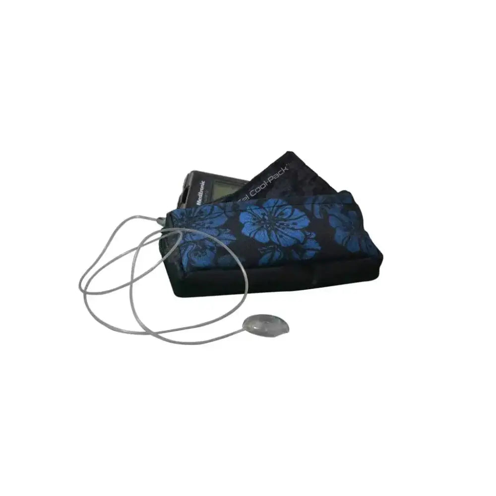 Horizontal insulin pump pocket with floral design and pouch, suitable for various insulin pump models, featuring Dia-Cool kit for temperature control.