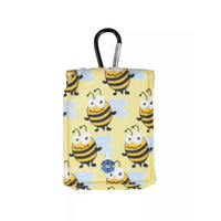 Insulin pump pouch for kids with bee print including carabiner and loop for secure attachment, featuring a cooling system.