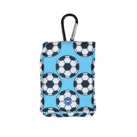 Insulin pump pouch for kids with cooling system and soccer print design.