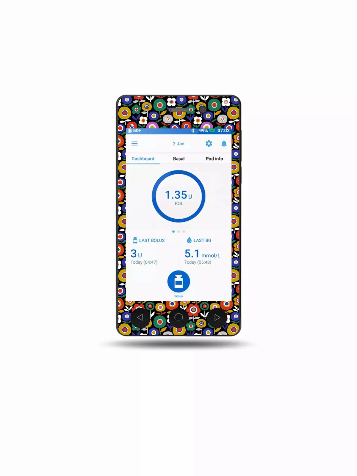 Omnipod DASH decorated with floral Spring edition stickers.