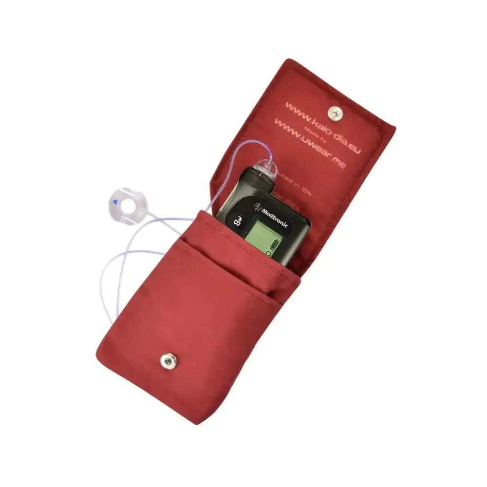 Red insulin pump cooling pouch with carabiner and belt loop, featuring safe temperature control.