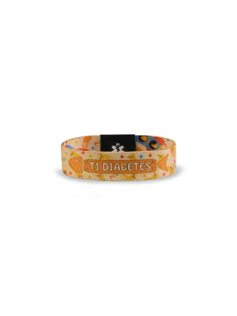 Reversible Type 1 Diabetes awareness wristband for children by Kaio-Dia; colorful and playful design.