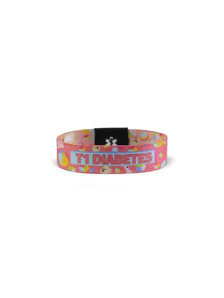Reversible Type 1 Diabetes awareness wristband for children with colorful prints.