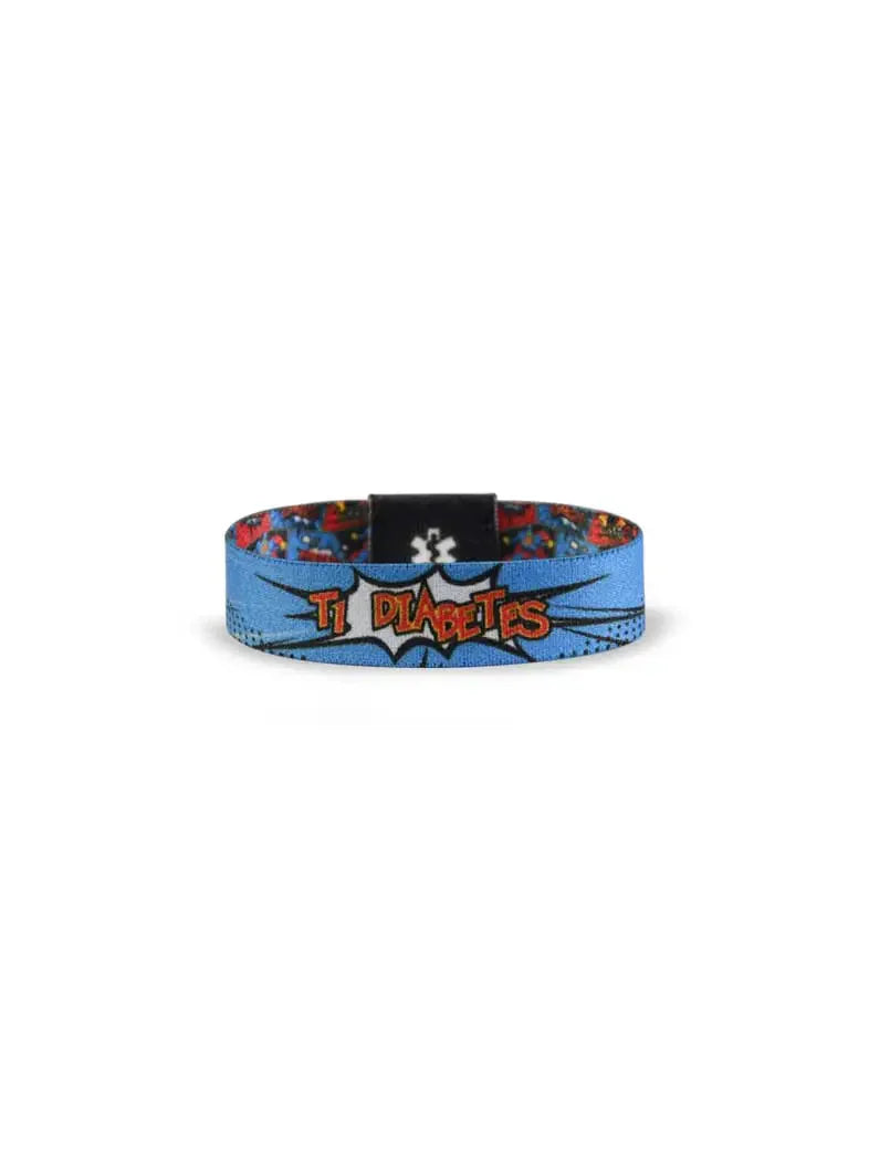Reversible Type 1 Diabetes awareness wristband for children with colorful prints and "T1 Diabetes" text.