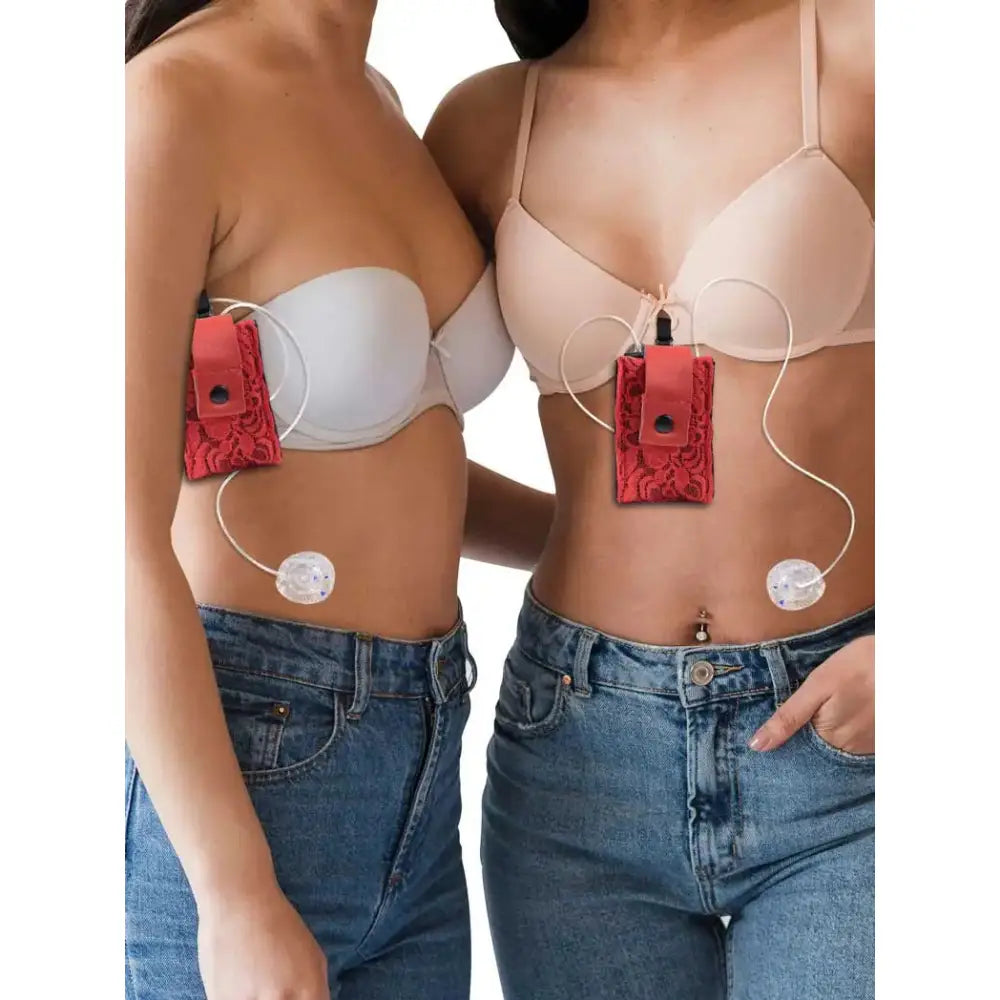 Universal insulin pump pouch in lace, shown on two models, highlighting stylish and versatile design with vibrant colors and secure attachments.